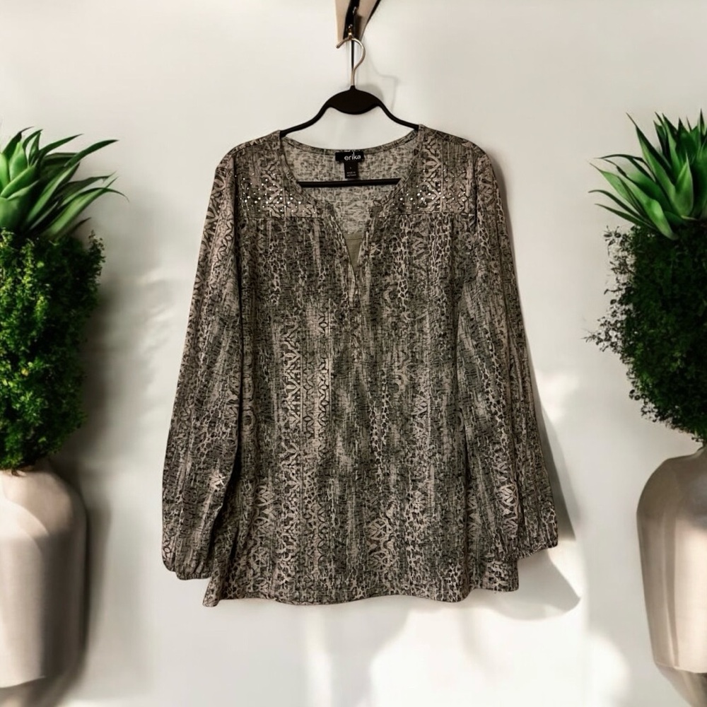 Erika Green Mixed Print Top with Silver Sparkly Stud Embellishment